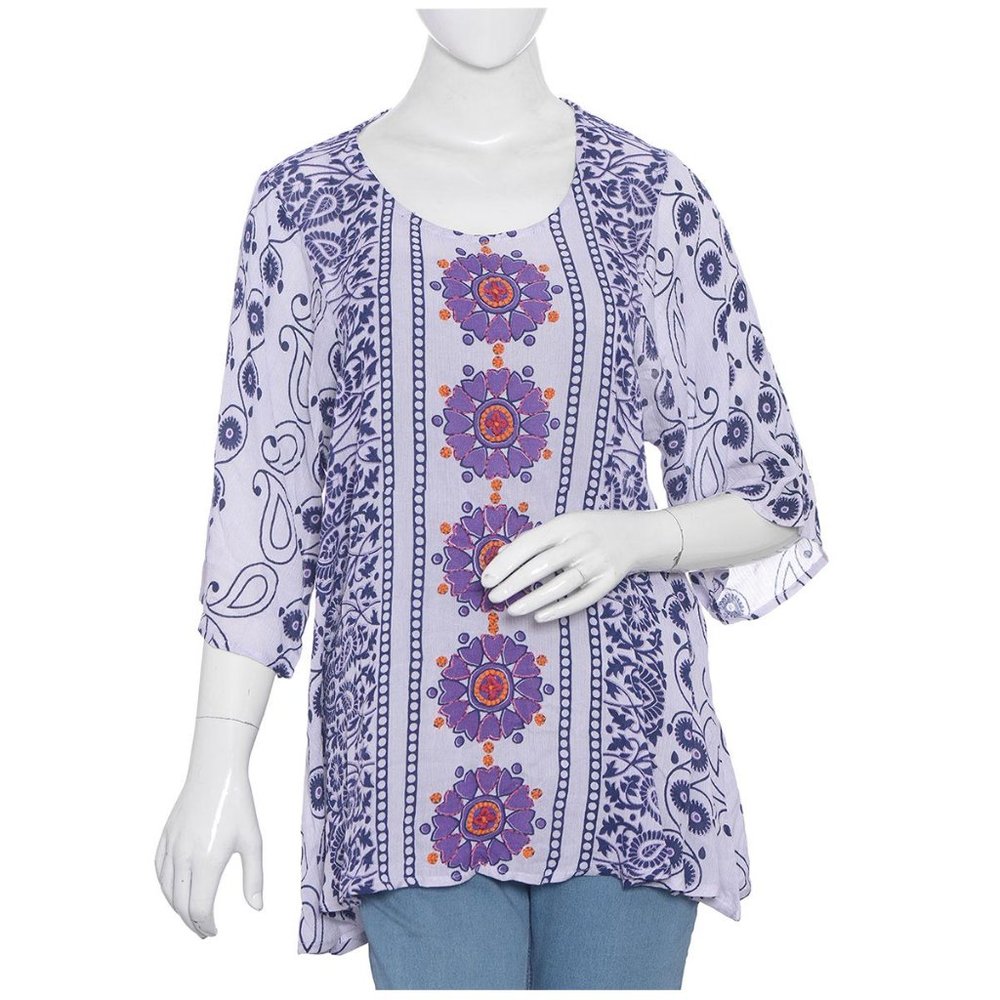 White & Purple Viscose Embroider Mid Sleeve Blouse